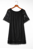 Black Round Neck Short Sleeve Loose Lace Dress