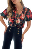 Green Abstract Printed V Neck Bubble Sleeve Blouse