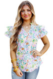 White Floral Print Ruffle Tiered Sleeves Blouse