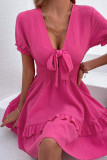 Rose V Neck Hollow Out Front Tie Flowy Dress