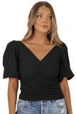 Black V Neck Ruched Front Puffy Sleeve Blouse