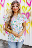White Floral Print Ruffle Tiered Sleeves Blouse