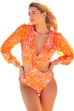 Orange Coral Floral Print Cut out Puff Sleeve Monokini