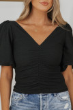 Black V Neck Ruched Front Puffy Sleeve Blouse