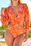Orange Coral Floral Print Cut out Puff Sleeve Monokini