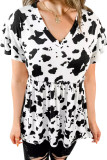 White Cow Spots Print V Neck Ruffled Casual Blouse