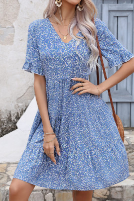 V Neck Ruffles Cuff Tiered Floral Dress