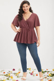 Red Plus Size Waffle Knit Lace V Neck Wrap Top