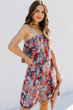 Red Floral Print Tiered Ruffled Bandeau Mini Dress