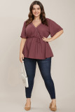 Red Plus Size Waffle Knit Lace V Neck Wrap Top