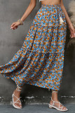 High Waist Draswstring Boho Flower Print Splicing Skirt Dress 