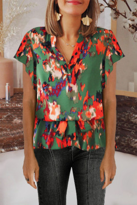 Green Abstract Print Notch V Neck Belted Blouse