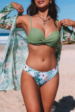 Green 3pcs Tropical Print Twist Bikini with Kimono