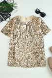 Gold Keyhole Back Sequin Puff Sleeve T Shirt