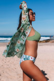 Green 3pcs Tropical Print Twist Bikini with Kimono