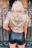 Gold Keyhole Back Sequin Puff Sleeve T Shirt
