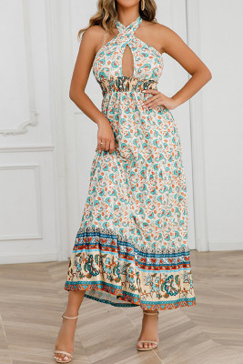 Twisted Halter Hollow Out Smocked Waist Boho Floral Maxi Dress
