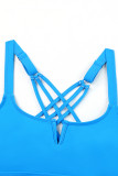 Sky Blue Notch Neckline Strappy Tankini Contrast High Waist Swimsuit