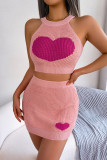 Heart Knitting Halter  Crop Top and Short Dress 2PCS Set