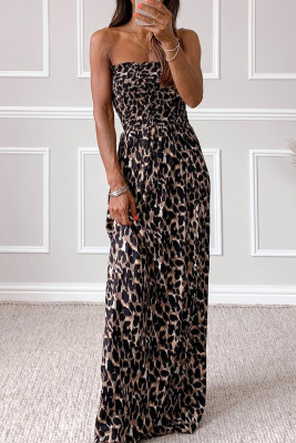Leopard Smocked Bodice Strapless Maxi Dress