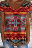 V Neck Short Sleeves Boho Aztec Print Top 