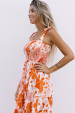 Orange Shirred Lace-up Strap Sleeveless Floral Maxi Dress