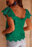 Green Lace Crochet Ruffled Square Neck Tank Top