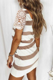 White Lace Crochet Short Sleeve Drawstring Striped Dress