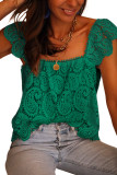 Green Lace Crochet Ruffled Square Neck Tank Top