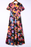 Black Abstract Floral Pattern Flutter Sleeve Tiered Maxi Dress