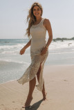 Apricot Boho Floral Crochet Sleeveless Beach Cover Up Dress