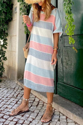 Multicolor Striped Color Block Loose Fit 3/4 Sleeve Dress