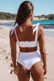 White Frill Trim Tie Shoulder Bikini High Waist Swimsuit