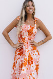 Orange Shirred Lace-up Strap Sleeveless Floral Maxi Dress