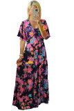 Black Abstract Floral Pattern Flutter Sleeve Tiered Maxi Dress