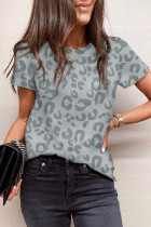 Gray Leopard Print Crew Neck Short Sleeve T Shirt