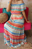 Stripe Print Lace-up Ruffled Off Shoulder Maxi Dress