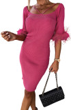 Rose Ribbed Off Shoulder Feather Cuff Bodycon Dress
