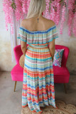 Stripe Print Lace-up Ruffled Off Shoulder Maxi Dress