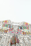 Beige Geometric Embroidered Spotted Print Tassel V Neck Blouse