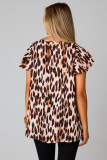 Brown Flutter Sleeves Leopard/Abstract Print V Neck Top