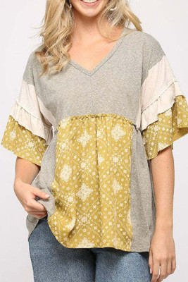 Colorblock Splicing V Neck Ruffle Sleeves Blouse