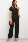 Black One Shoulder Puff Sleeve Elastic High Waist Jumpsuit