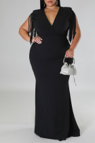 Black Plus Size Surplice V Neck Fringe Formal Maxi Dress
