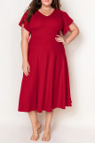 Red Plus Size Short Flutter Sleeve Midi Dress