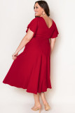 Red Plus Size Short Flutter Sleeve Midi Dress