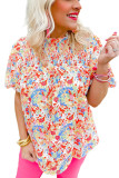 Multicolor Abstract Print Smocked Puff Sleeves Blouse
