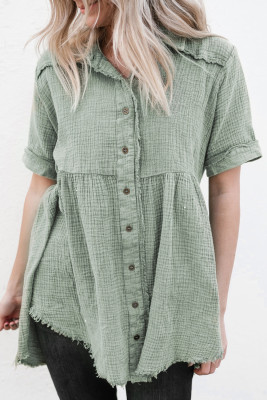 Green Acid Wash Raw Hem Short Sleeves Buttoned Shirt