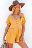 Yellow Button V Neck Crinkle Pocketed Romper