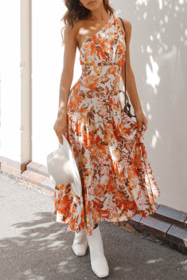 Orange Floral Print Pleated One Shoulder High Waist Maxi Dress